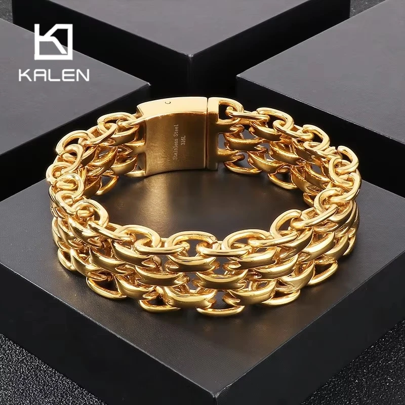 

Kalen Stainless Steel Double Link Chain Men's Bracelet Polished Golden Male Charm Accessory 20mm Punk Chunky Party Jewelry Gift