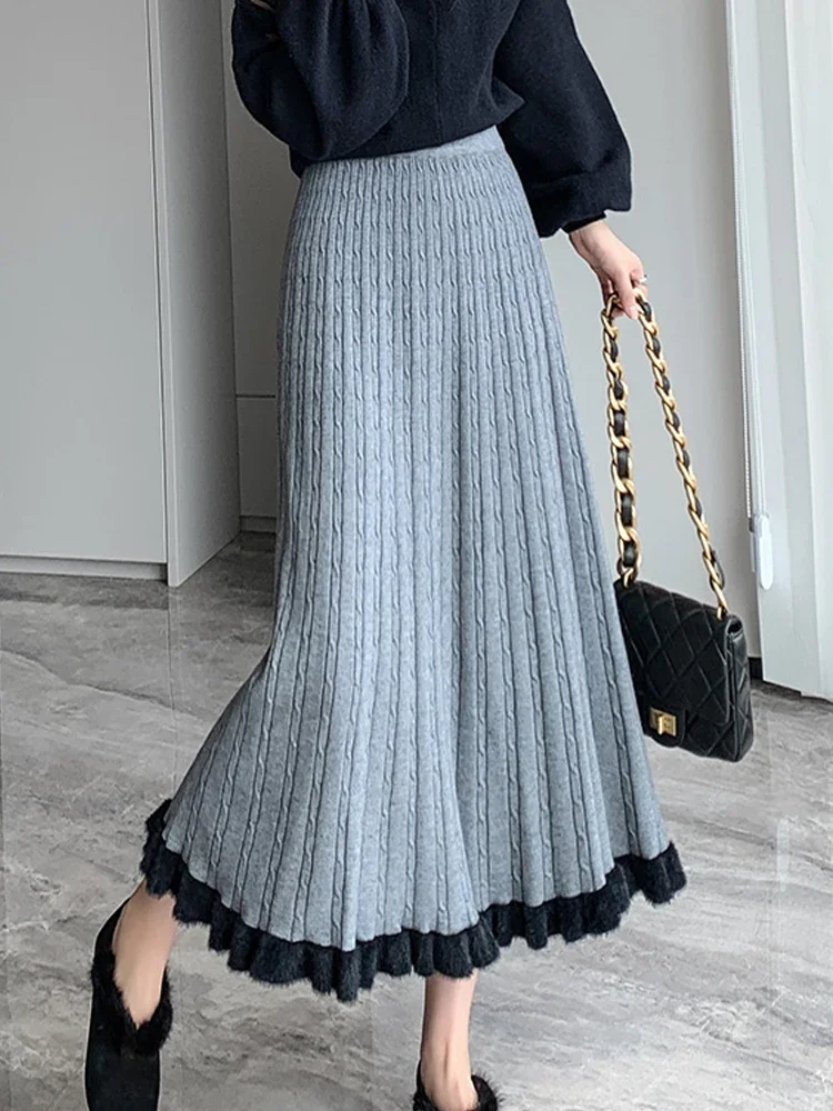 

Knitted Long Women Winter Warm Midi Skirt Female Elegant Casual Pleated Skirt Lady Korean Fashion High Waist A Line Skirt P630