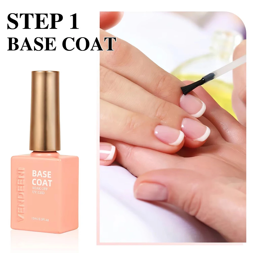 Vendeeni TPO HEMA FREE High Brightness No Wipe Strong Top Coat Base Coat Gel Nail Polish Semi Permanent UV Soak off Gel Varnish