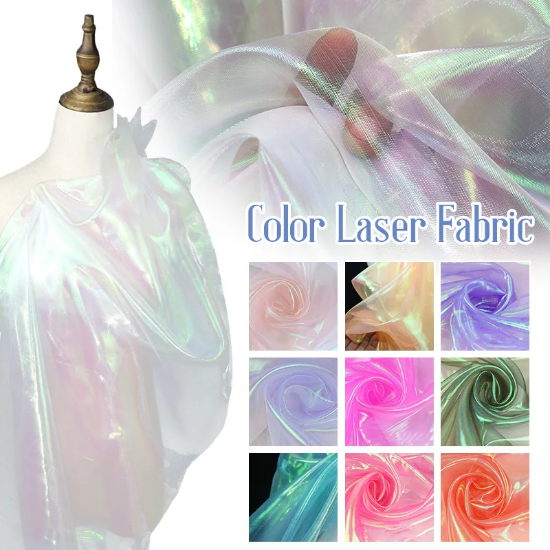 1/3/5/10M Gradient Organza Fabrics Laser Colorful Shiny Gauze Fabric Stage Wedding Decor Voile Transparent Holographic Fabric