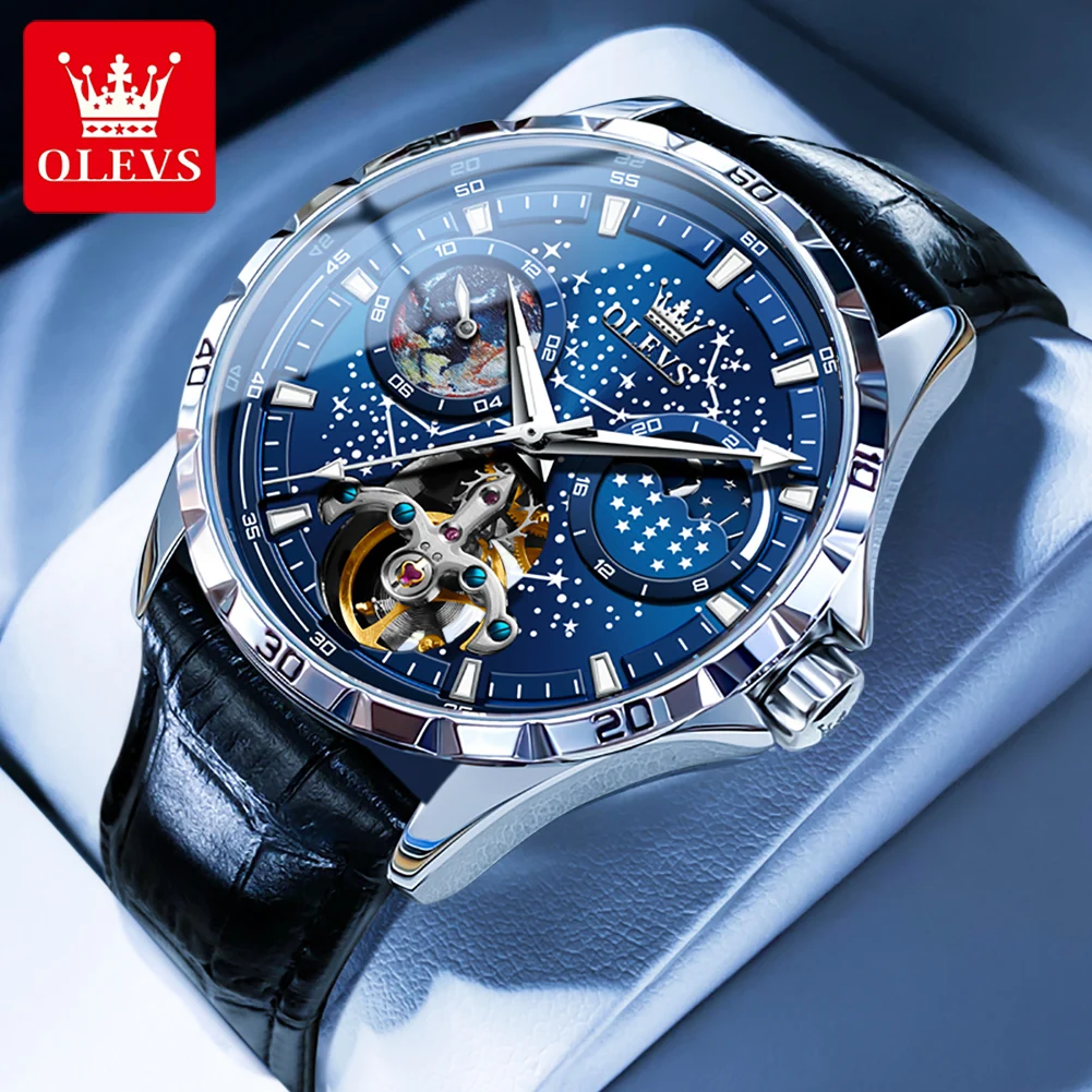 OLEVS Herrenuhren, wasserdicht, multifunktional, leuchtend, vollautomatisch, mechanische Uhr, Mondphase, Sternenhimmel, Original-TOP-Marke