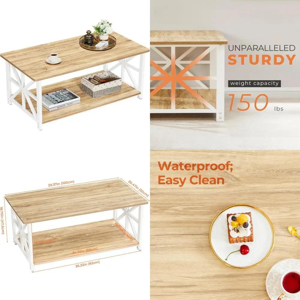 Farmhouse-Style GreenForest Coffee Table with Rounded Edges and Dual-Tier Storage Shelf, X-Frame Living Room Centerpiece, 39 Inc