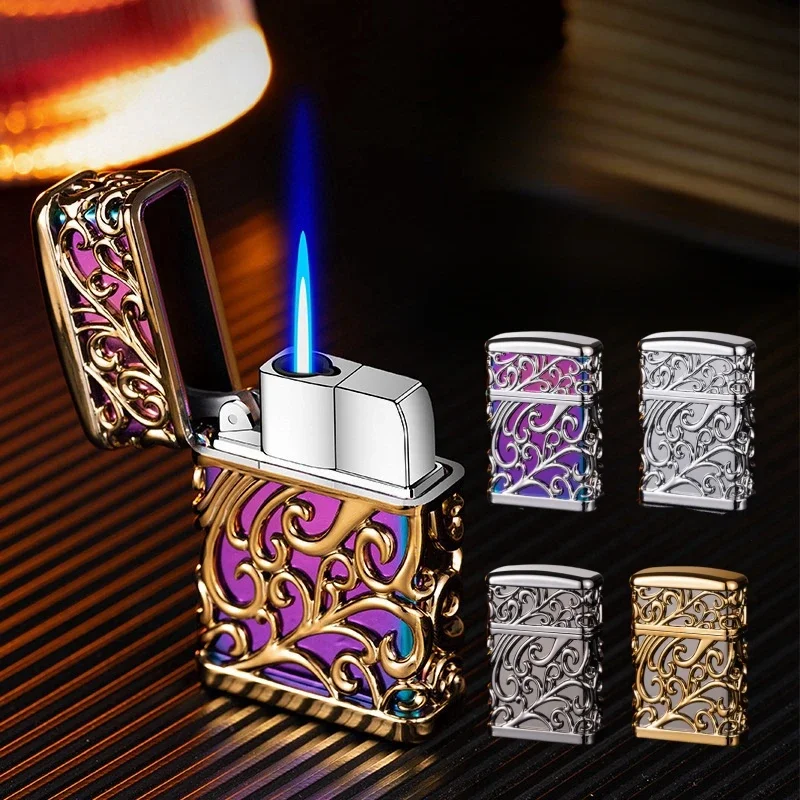 Hot Selling 3D Tang Grass Luminous Lighter Metal Windproof Blue Flame Turbo Torch Inflatable Butane Gas Lighter Outdoor Lighter