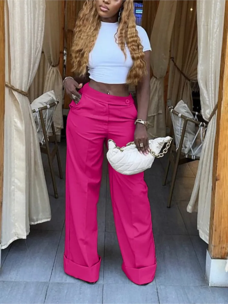 خريف جديد أنيق عادية واسعة الساق التنقل بنطلون المرأة مزاجه الموضة منتصف الخصر تنوعا زر مايكرو بنطلون