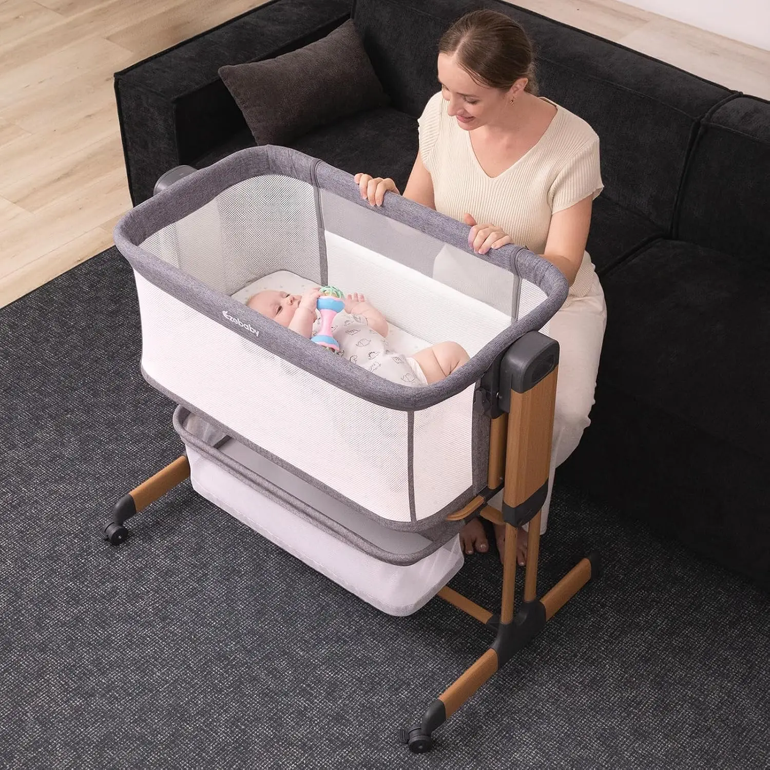Ezebaby 3-in-1 Rocking Bassinet for Baby Adjustable Baby Bassinets Bedside Sleeper with Wheels Storage Basket and Mesh Sides for