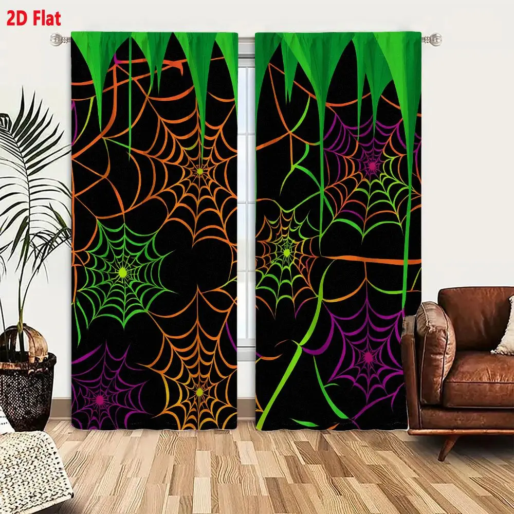 2Pcs Curtains 2D Flat Halloween Spider Web Design With Orange Green Purple Yellow Webs And Central Yellow Dots Plus Green Triang