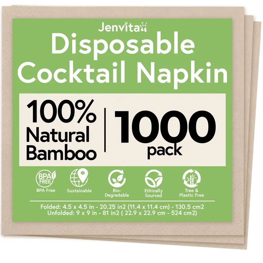 

100 Bamboo Cocktail Napkins for Wedding 1000Pack 2Ply FSC Certified Biodegradable Beverage Napkins for Party, Home or Commercial