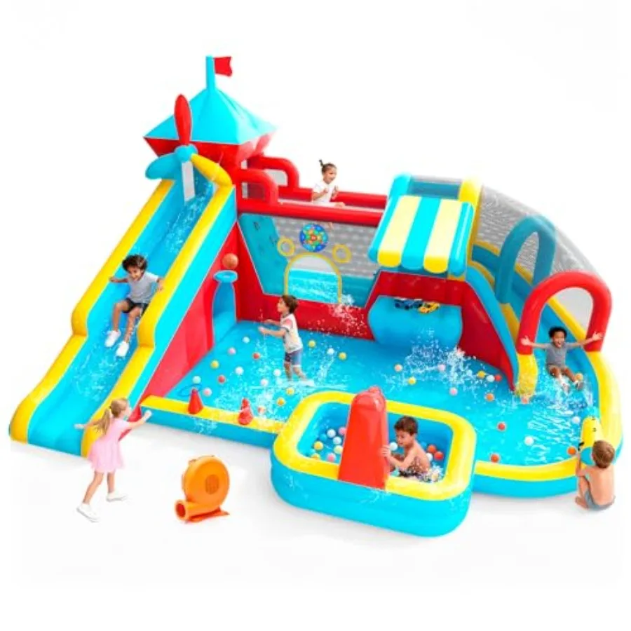 

Inflatable Bounce House with Double Slide, Water Slide, Jumping Area, Splash Pool, Climbing Wall, Toy Stand, Water Cannon, Bask