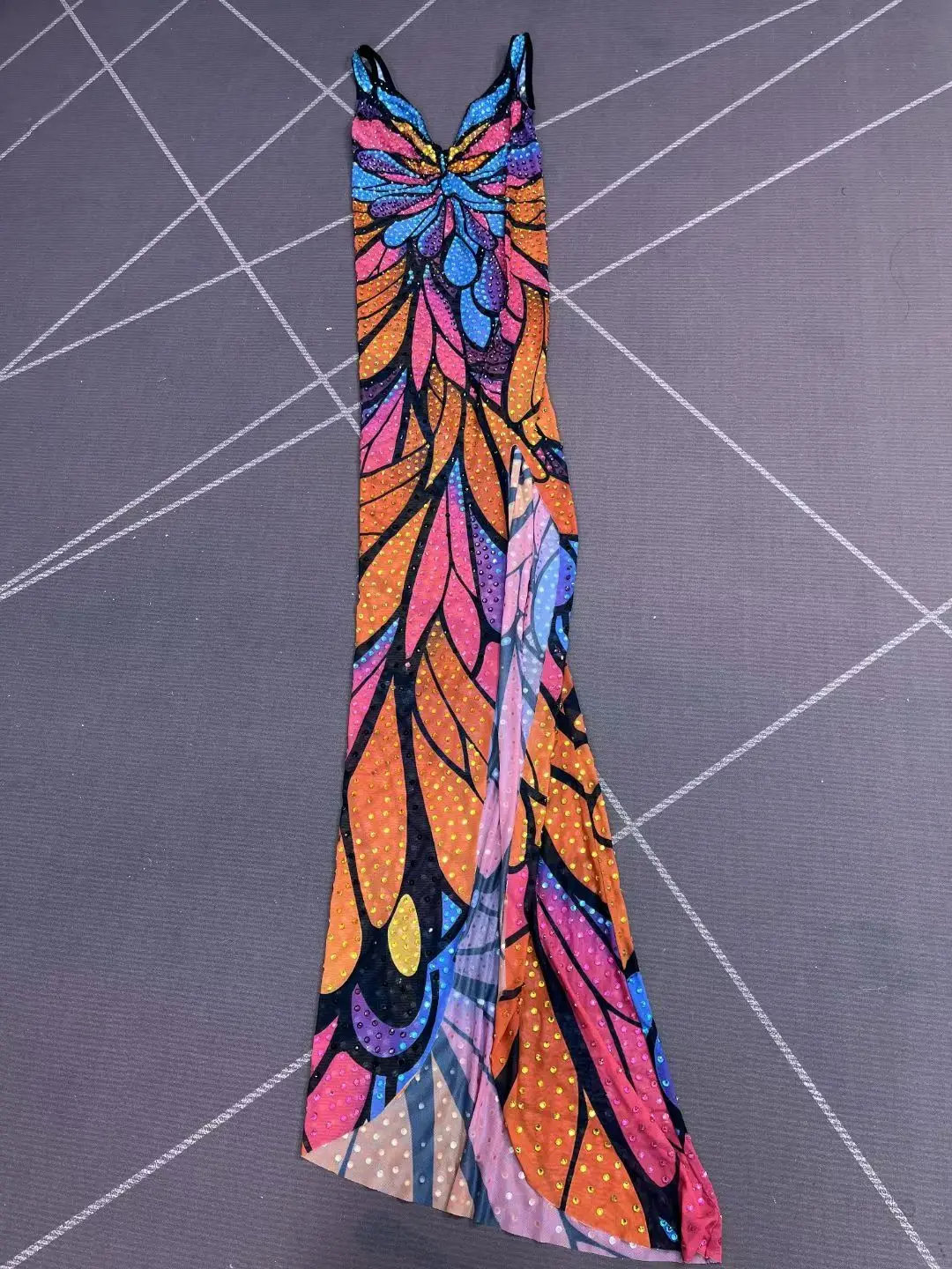 فراشة الطباعة سباركلي حجر الراين مساء اللباس مثير ضمادة العميق الخامس الرقبة فستان طويل موضوع حزب احتفال الزي Caihongdie