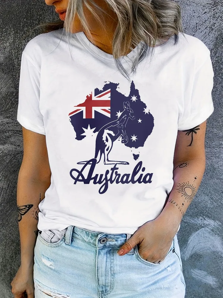 المرأة Y2K نمط اليوم الاسترالي تي شيرت الكرتون الكنغر وكوالا طباعة لينة جولة الرقبة رداء علوي غير رسمي سهل الرعاية حجم كبير #1