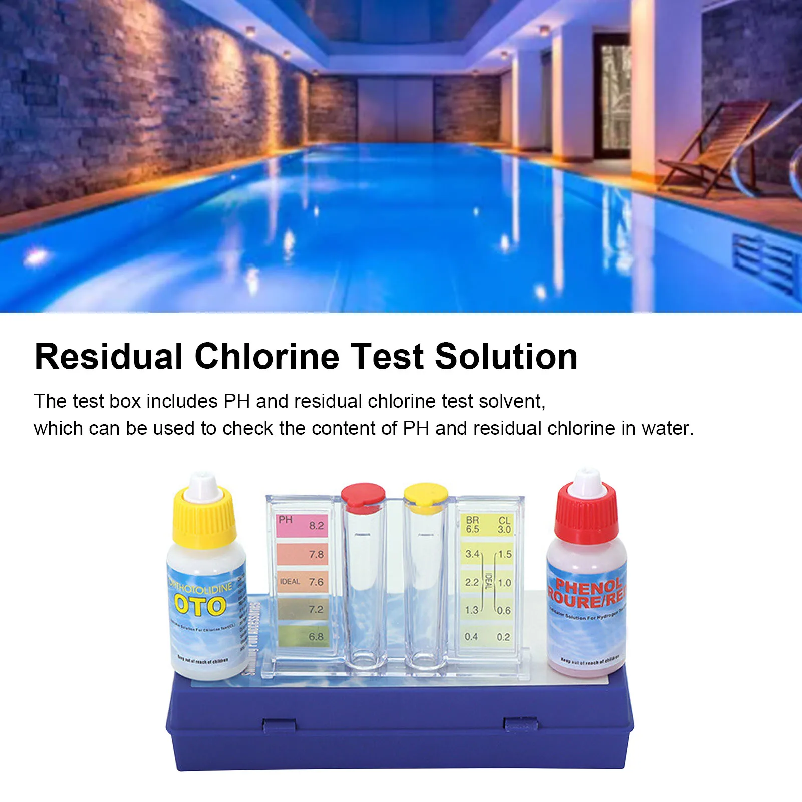 Solução de teste de piscina Solução de teste de qualidade da água com ferramenta de tubo de tira de teste para detecção de cloro residual de ph