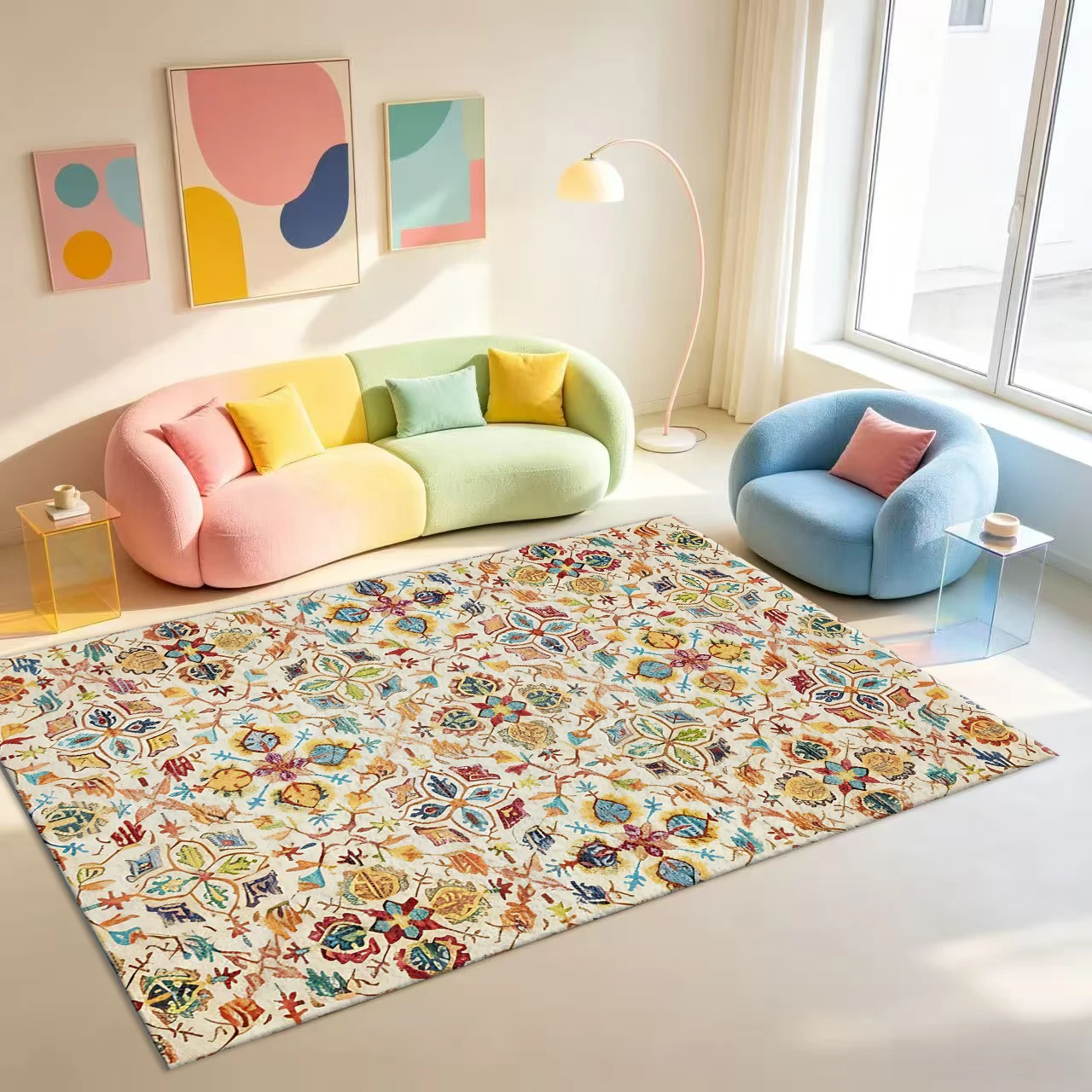 Bohemian Geometric Floral Area Rug Bright Multicolor Ethnic Style Printed Carpet for Indoor Home