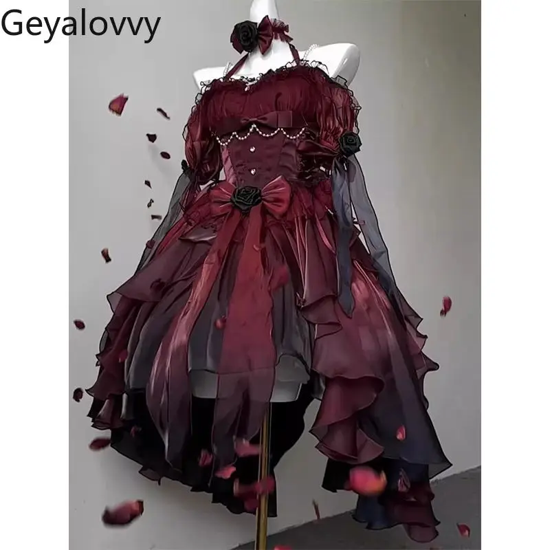 

Свадебное платье с цветочным узором, черно-красное с градиентом, короткое спереди, длинное сзади, в стиле Лолита, с шлейфом, платье принцессы