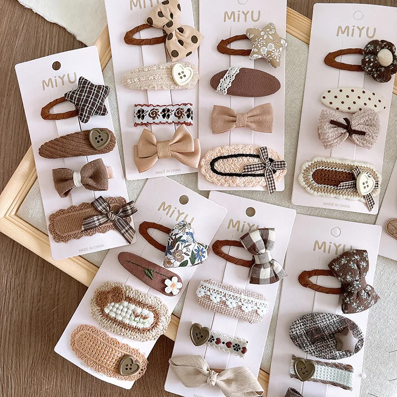 

4pc Brown Color Dot Spot Floral Print Snap Baby Hair Clips Wool Knit Hairpins Girls Star Hair Clip Kids Cotton Plaid BB Barrette