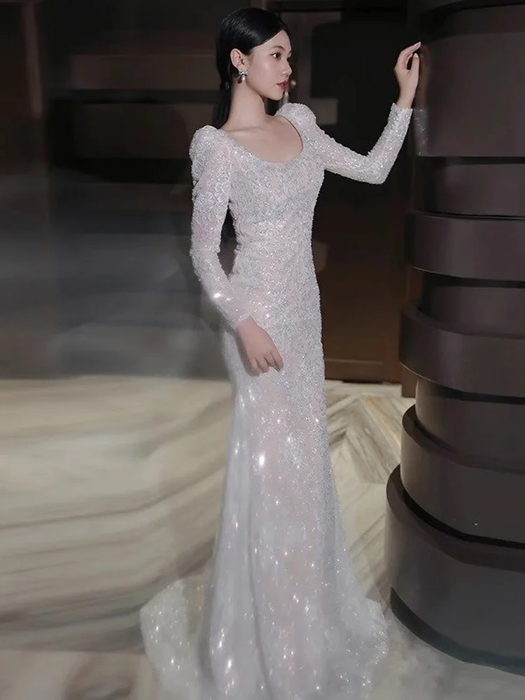 Elegant Long Sleeve Fish Tail Wedding Dress Shiny Sequin Polyester Fiber Evening Gown for Bride High End Outing Meeting Host