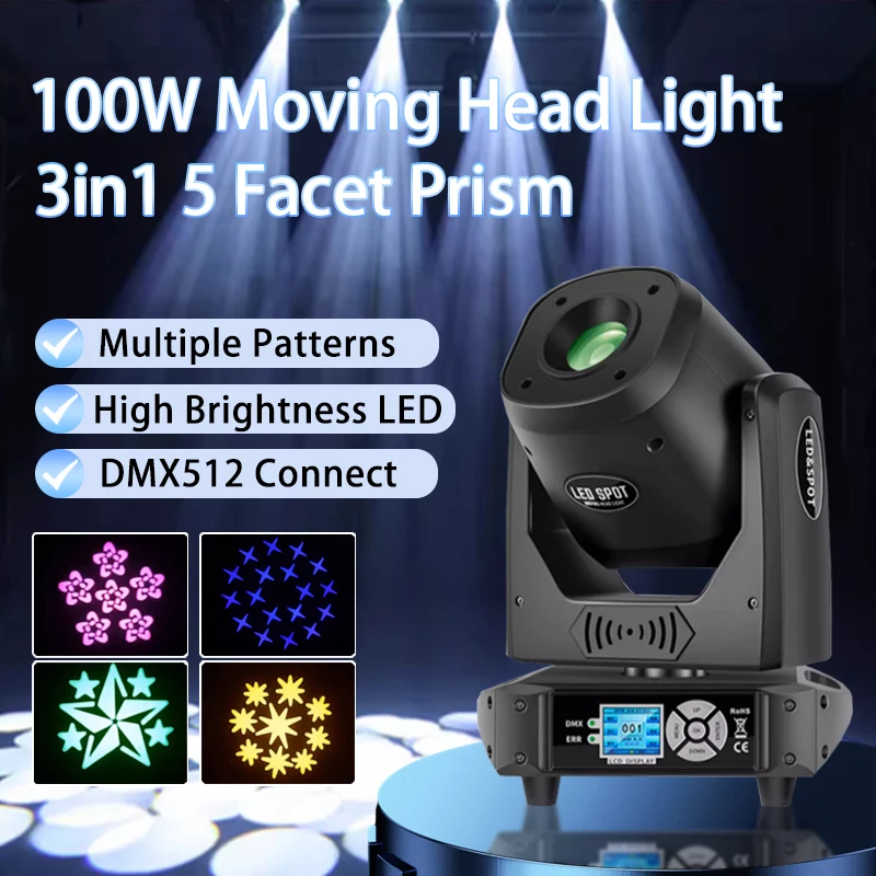 

100W LED Moving Head Stage Lighting 5 Facet Prism DJ Projector DMX Fanciful Spot Light For Disco Wedding Party Nightclub Light