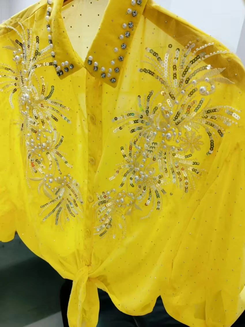 

Женские блузки и кардиганы из желтого шифона с блестками, весна-лето 2026, солнцезащитный топ, популярная корейская одежда