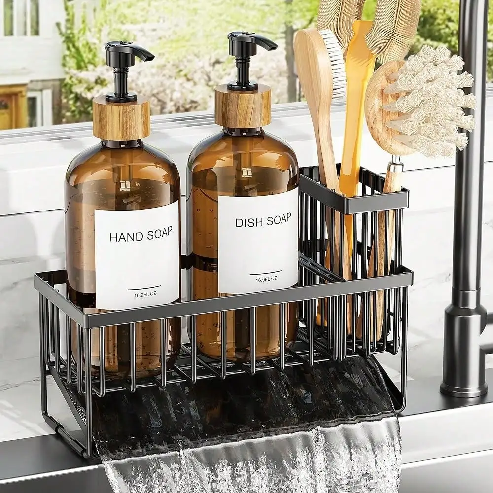 

Dish Soap Dispenser Set With 2 Amber Glass Bottles And Sponge Holder Adjustable Kitchen Accessories Home Use