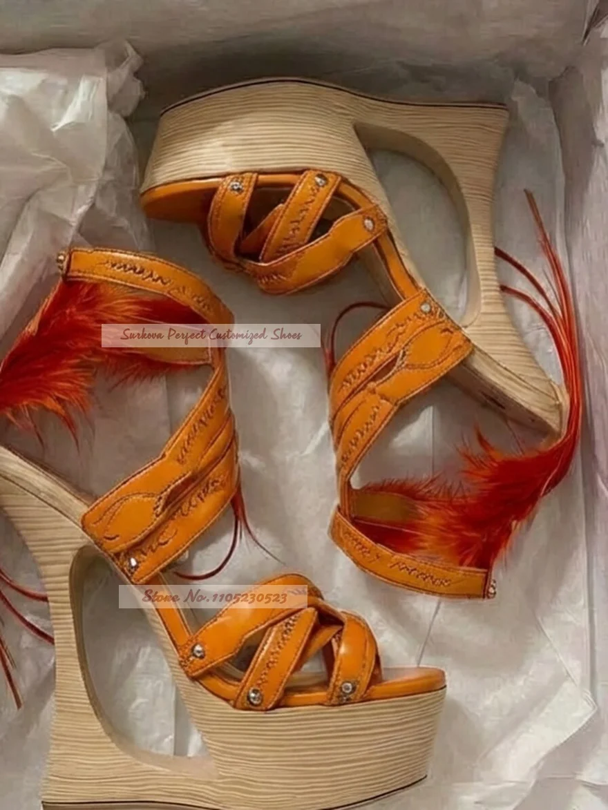 Orange Feather Embellished Cutout Wedged Heel Sandals Strange Wooden Pattern Platform Dress Shoes Hollow Fur Banquet Shoes