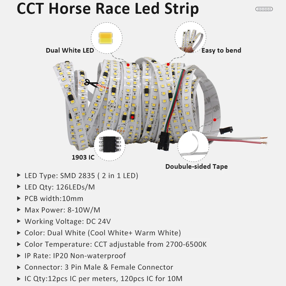 Running Water Flowing LED Strip Light SMD2835 8mm DC24V Dual White Flex Ribbon Touch Panel Control Chasing Tape Lamp 2700K 6500K