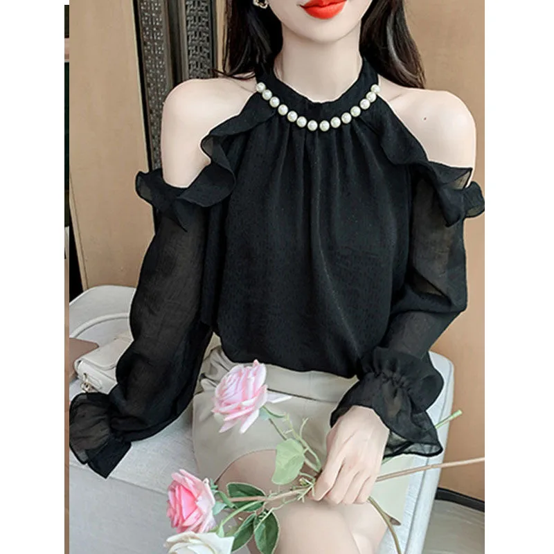 Strapless Long Sleeved Shirt Female Summer Attire 2024 Westernization Hollow Out Off Shoulder Fashion Halter Strapless Tops