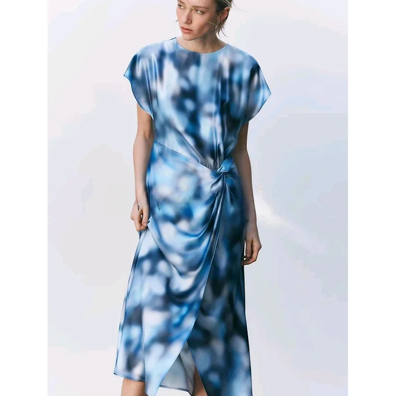 Primavera delle nuove donne tinte vita pieghettata rotonda Ne raso di seta sensazione di media lunghezza Dr Pendolarismo vita alta A-Line estate lunga