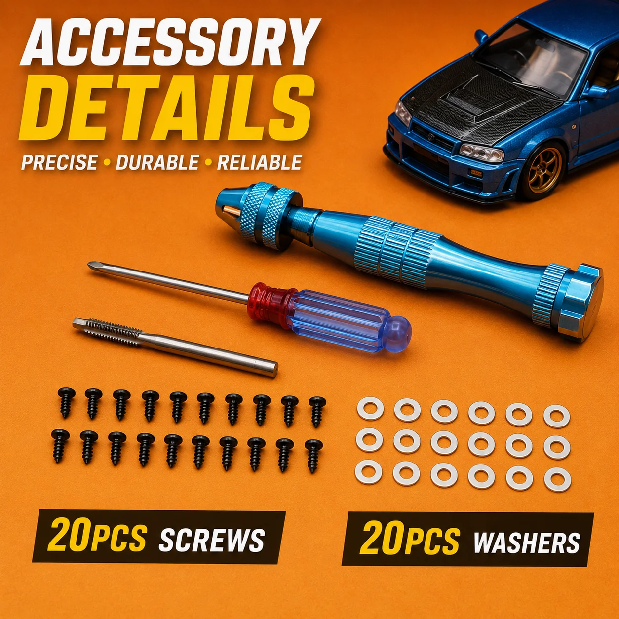 1/64 Diecast Model Car Modification Tool Kit Hand Drill Tap Screwdriver Pliers Tweezers Screws Washers for Repair Wheel Swap DIY