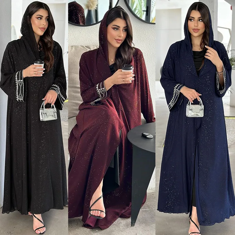 Women Cardigan Robe Abaya Islamic Muslim Prayer Dress Embroidery Cardigan Dubai Robe Turn Over Collar Casual  Modest Dress 2024