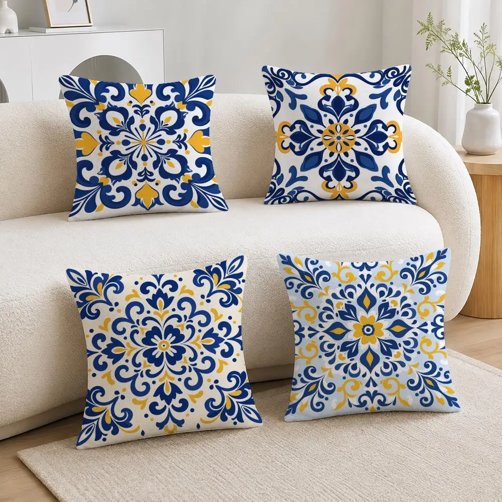 Portuguese Azulejo Style Pattern Cushion Cover Soft Plush Cushion Covers Fluffy Throw Pillow Cases for Sofa Bedroom Home Decor