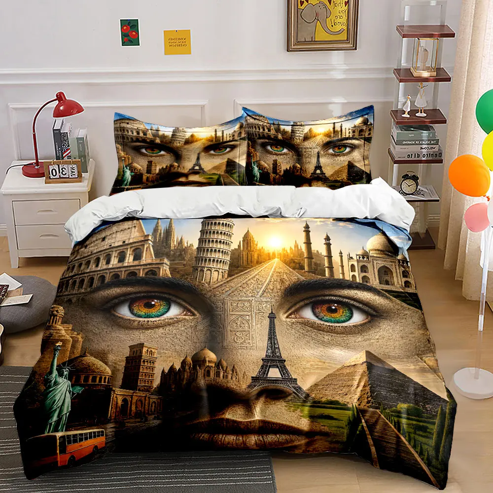 Global Landmarks and Face Montage Printed Duvet Cover Set1 Duvet Cover+2 PillowcaseMulti Size Bedroom Bedding Decor