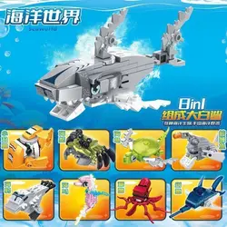 MOC 8 In 1 Ocean Sharks Sea World Building Blocks Undersea Animal Creation Bricks Educational Toy for Children Birthday GIfts