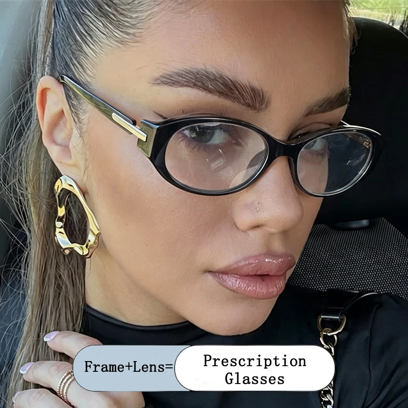 Slim Black Oval Frame Blue Light Blocking Eyeglasses Women Metal Decor Hinge Retro Decorative Photochromic Prescription Glasses