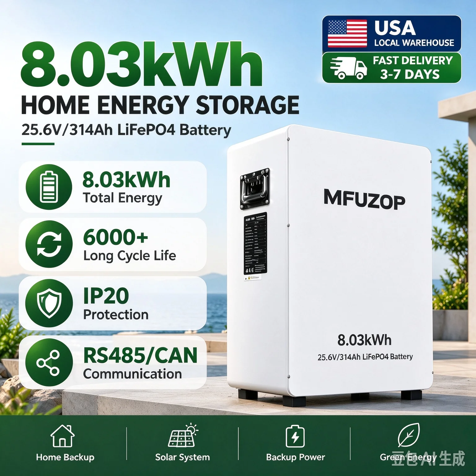 NEW 8.03kWh Solar Battery Pack 24V 314Ah Wall Mounted LiFePO4 Battery 6000+ Cycles Built-in BMS RS485 CAN RS23 for Home Solar System Off Grid RV