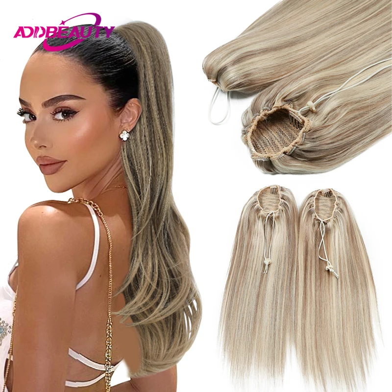 Straight Ponytail Human Hair 100% Real Human Hairpiece Clips in Drawstring Ponytail for Women Wrapped Around Horsetail Natural