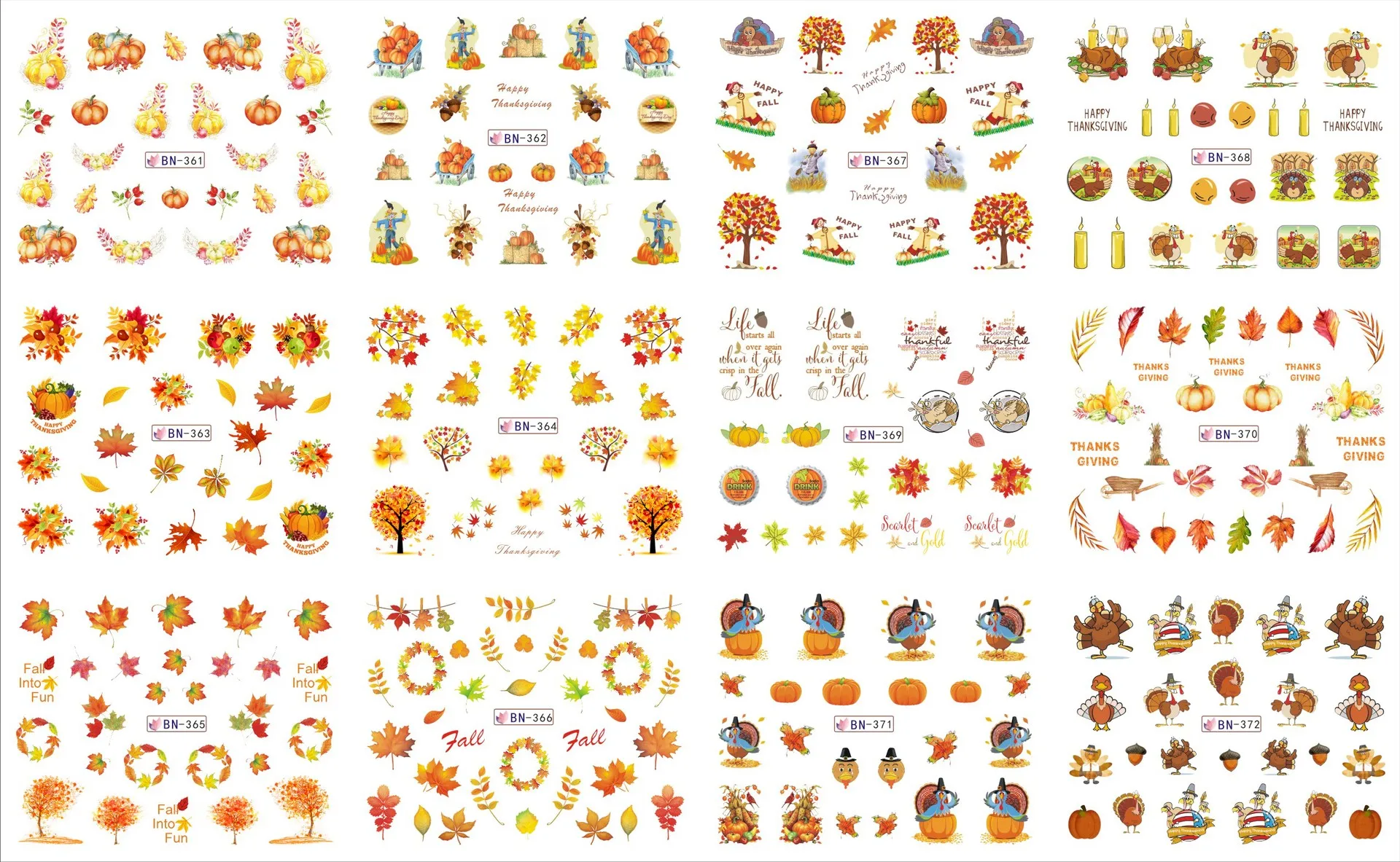 12 Stks/set Nieuwe Thanksgiving Nail Art Esdoornblad Pompoen Fruit Dierlijke Trinket Ontwerp Decoratie Nagel Stickers