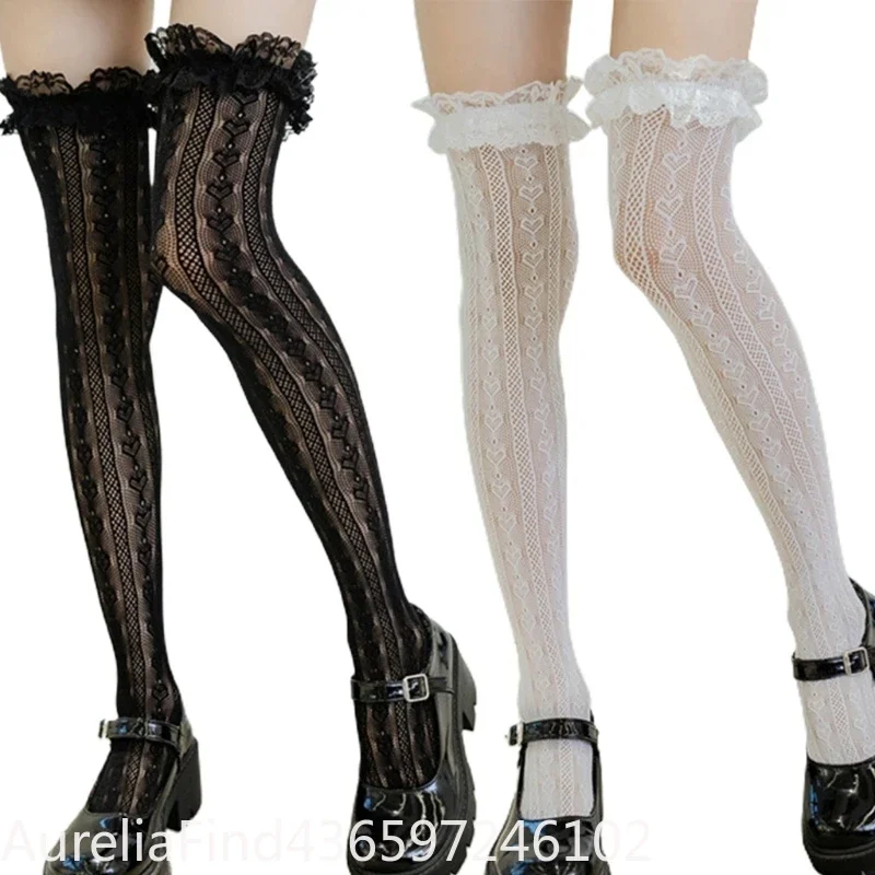 Women Kawaii Lolita Fishnet Thigh High Socks Japanese Heart Striped Lace Ruffled Frilly Over Knee Long Stockings
