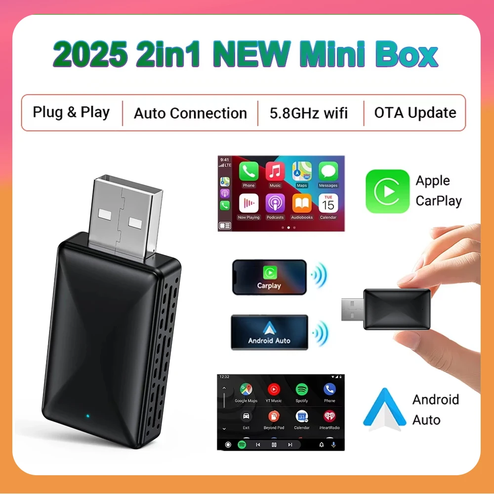 جديد صغير 2in1 لاسلكي CarPlay وAndroid محول لاسلكي تلقائي صندوق صغير BT WiFi توصيل سريع التوصيل والتشغيل لسيارة CarPlay السلكية #1