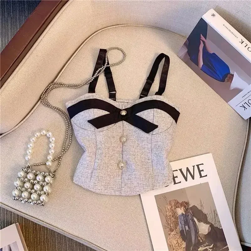 작은 향기 리본 짧은 작은 캐미솔 여성 여름 스윗 베이브 섹시한 외출복 불규칙 피쉬본 탑