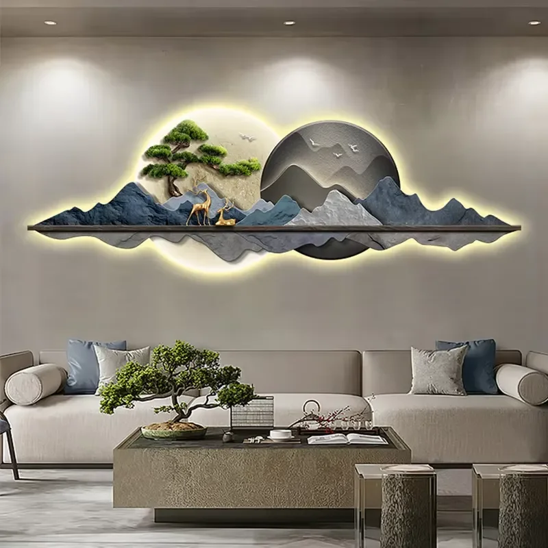 Luminous LED Light Painting Landscape MDF Sofa Background Wall Hanging Remote Control Switch Light Room Decoration Modern