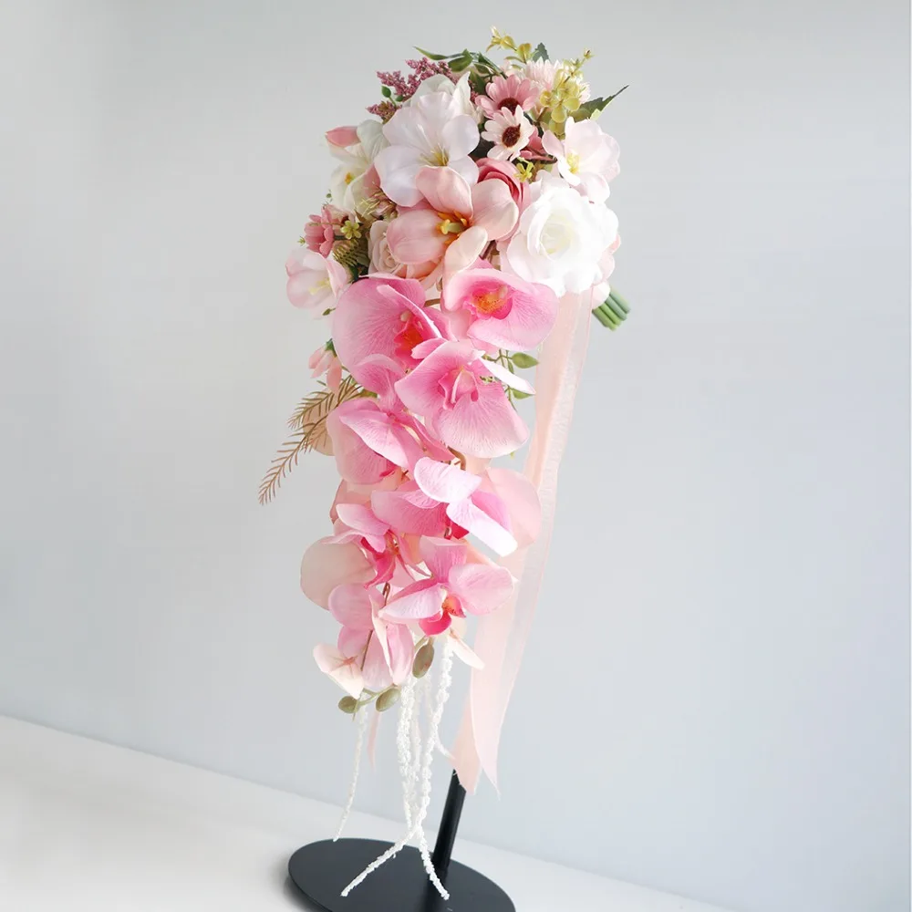 Pink Orchid Waterfall Bouquet with Ribbon for Bridal Wedding Bouquet Artificial Flower for Decoration Wedding Accessories