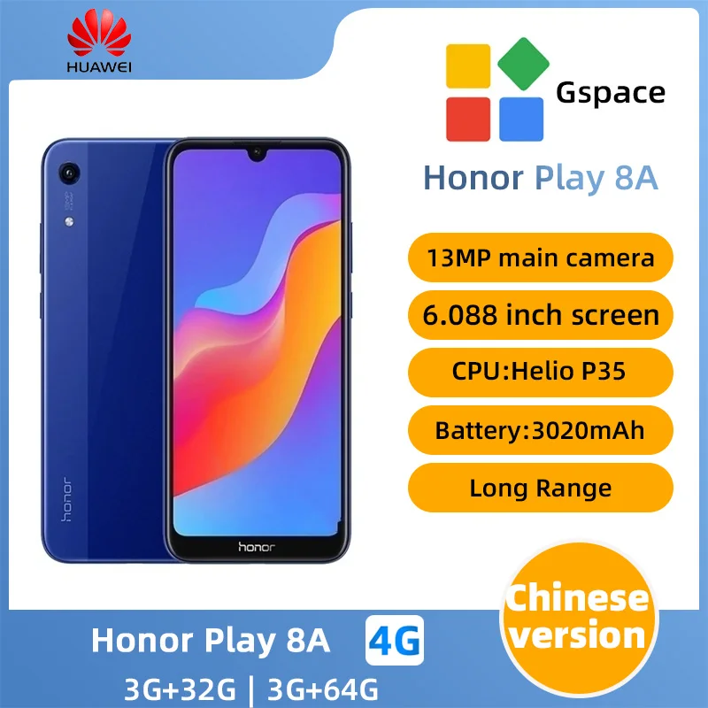 Honor Play8a Smartphone CPU MediaTek Helio P35 Battery capacity 3020mAh 13MP Camera used phone