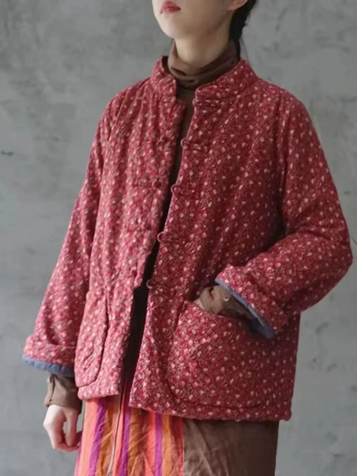 

New Chinese Sle Thiened Floral Cotton Jaet Autumn Winter Outerwear Small Fraance Sle Loose Fit Long Sve Coat