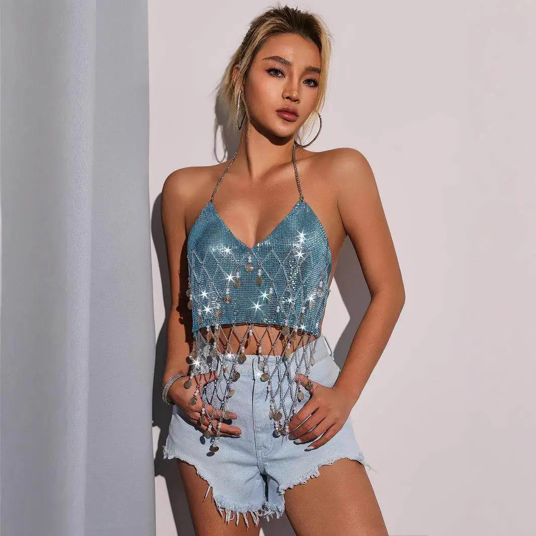 

Sexy Spicy Metal Sequins Chain Strap Backless Performance Crop Top Neck Hanging Strap Seven Sleeve Autumn Wear Male Costume