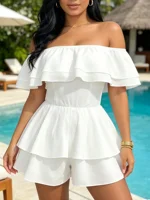 Women's White Off Shoulder Ruffle Romper - Sweet Layered Ruffle Sleeve High Waist Tiered Mini Jumpsuit for Beach Vacation&casual - Image 6