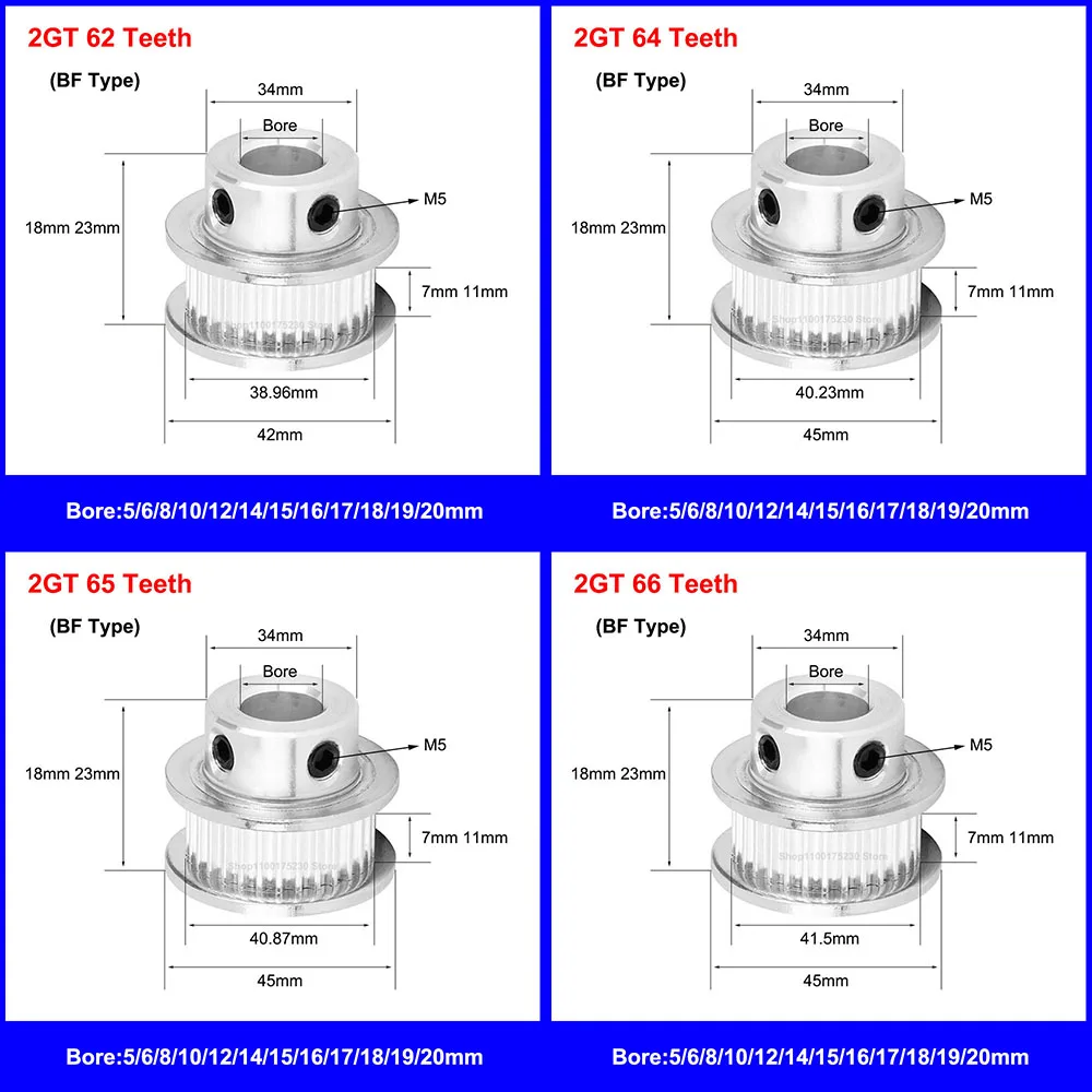 1Pc GT2 Timing Pulley 62/64/65/66/68 Teeth 2GT Synchronous Wheel Bore 5-20mm Aluminium Gear Belt Width 6mm 10mm 3D Printers Part