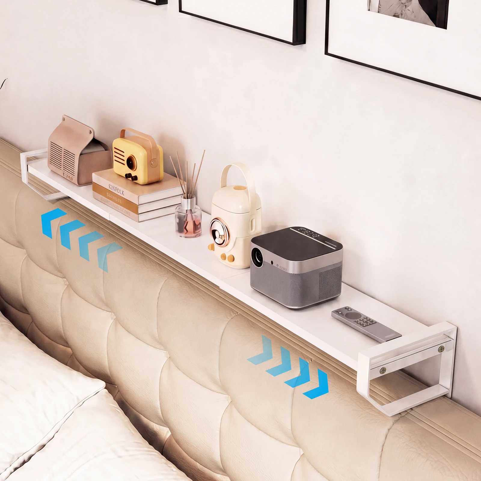 1Pc No-Drill Bedside Storage Rack Projector Bracket Bedroom Bedside Wall Storage Rack Extendable Space-Saving Wall-Friendly Iron Art Shelf No Drill Headboard Wall Mount Shelf