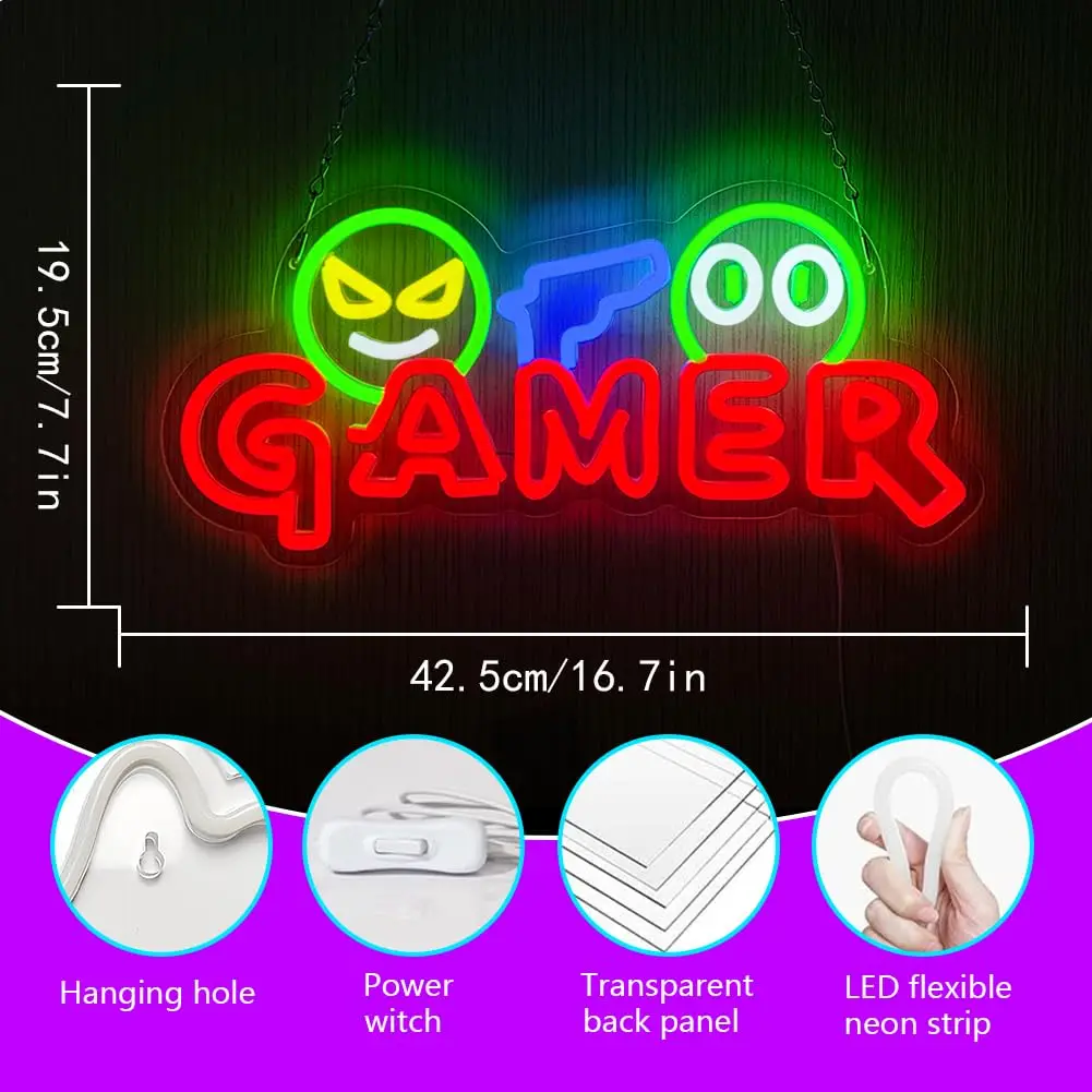 Gamer Neon Sign LED Wall Light Customizable Colorful Gaming Neon Lamp for Game Room Setup Man Cave Gaming Zone Bedroom Decor view 2