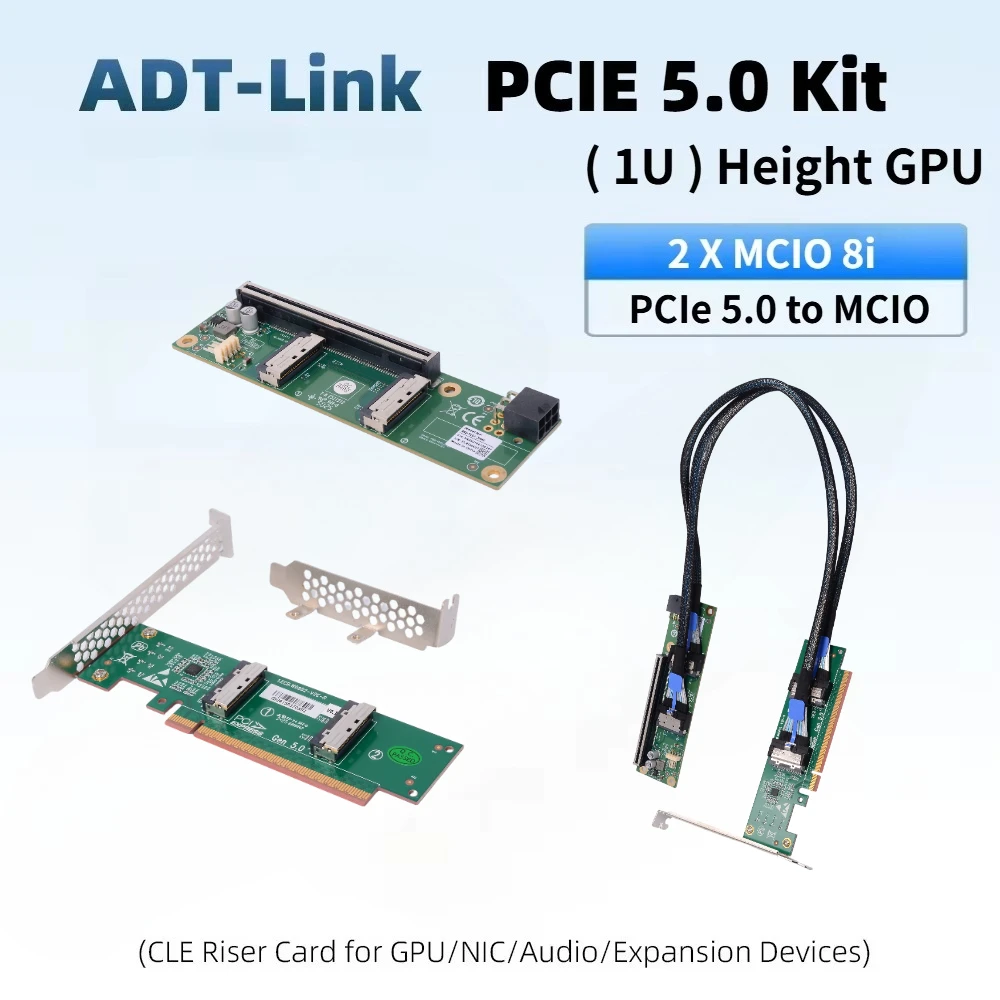 PCI-E 5.0 X16 To 2 X MCIO 8i Expansion Breakout Card Riser 1U GPUs Graphics Server Kit Dual MCIO X8 8i Cable Single-Slot Adapter