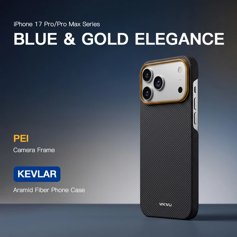 WKWU Azure Gold for iPhone 17 Pro/ProMax, Aramid Fiber Woven Case, MagSafe Compatible, NFC Friendly, Ultra Slim 0.85mm, Blue Gol