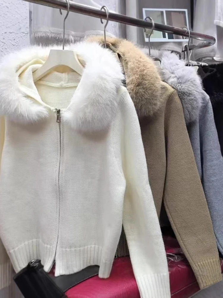 레트로 가을, 겨울 니트 카디건 여성의 느슨한 캐주얼 다목적 긴팔 모피 칼라 후드 스웨터 자켓의 새로운 기능